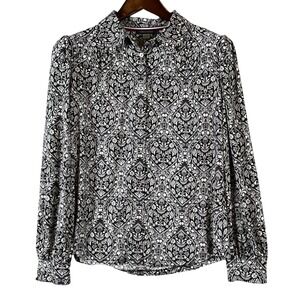 Tommy Hilfiger Button Front Blouse Womens Medium Black White Excellent Floral